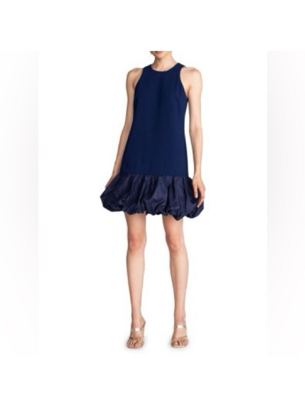 Trina Turk Bubble-Hem Halterneck Mini Dress Women’s 4 Ink Blue Peplum Bamboo